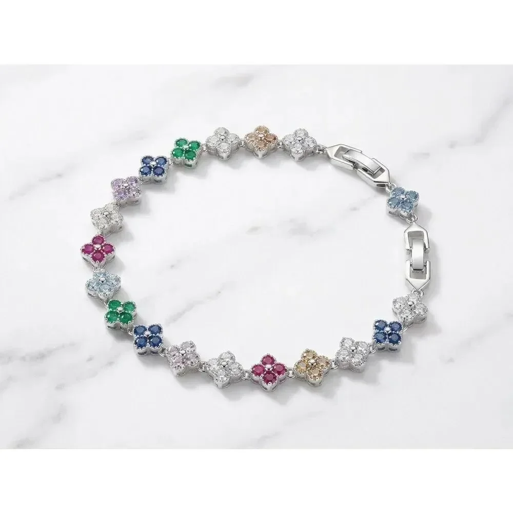 Silver Clover Flower Link Bracelet Pave CZ Crystal Elegant Jewelry Bridal Gift